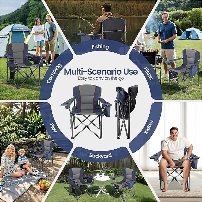 2 Pack Heavy Duty Oversized Camping Chair for Adults 400lbs w/Lumbar Support - Folding Chairs with Side Pocket, Cup Holder & Cooler Bag for Beach, Fishing, Lawn, Backyard Navy Blue