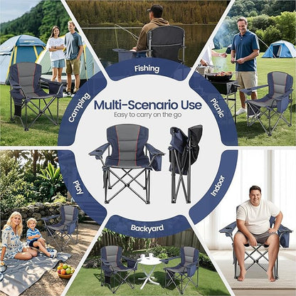 2 Pack Heavy Duty Oversized Camping Chair for Adults 400lbs w/Lumbar Support - Folding Chairs with Side Pocket, Cup Holder & Cooler Bag for Beach, Fishing, Lawn, Backyard Navy Blue