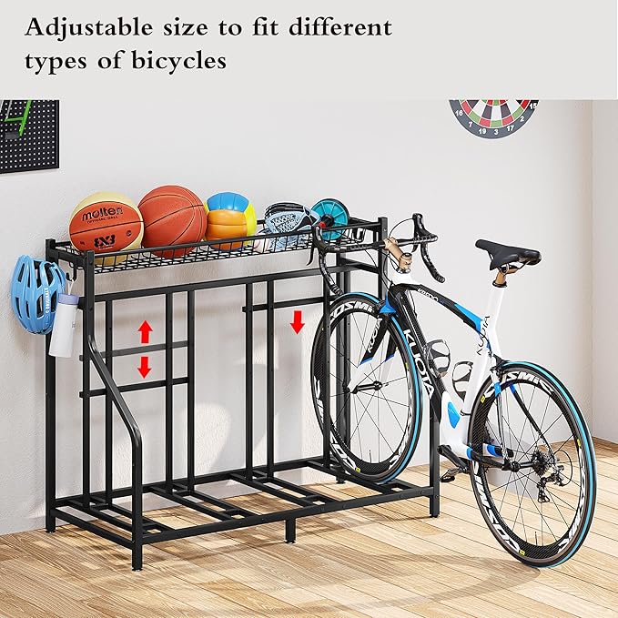 Bike Rack Storage Stand Organizer Floor Holds 4 Bicycle Parking Freestanding Adjustable Garage Indoor Outdoor Bike and Sports Storage Station, Black (4 Bike Stand)