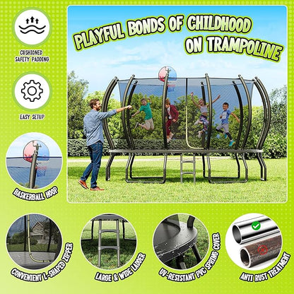 8FT 10FT 12FT 14FT 16FT Trampoline with Pop-up Quick Connector and Basketball Hoop, Trampoline Outdoor with Enclosure, Ladder, ASTM Approval for Kids and Adults