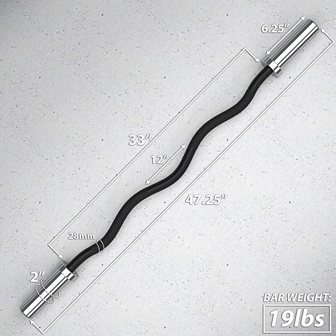 Synergee Commercial EZ Curl Olympic Bar Chrome & Black Phosphate with Powder Coated Brass Bushings Excellent for Bicep Curls and Triceps Extensions