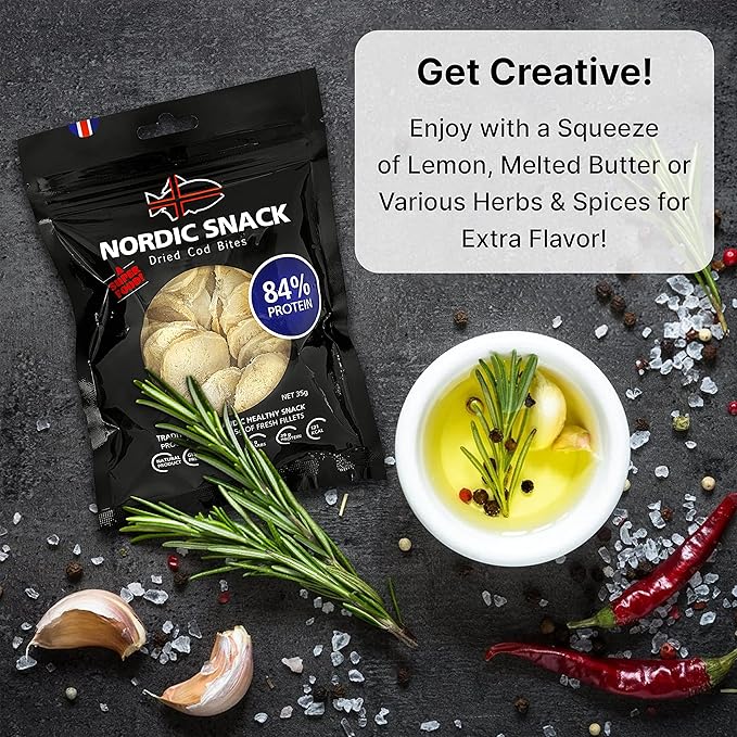 Nordic Catch Freeze Dried Cod Bites Seafood Snacks - Chips made from Wild Caught Icelandic Cod Fish - Healthy Dry Fish Snack, Rich in Omega 3 Fatty Acids, Protein Packed Keto Friendly Dried Fish Jerky - 35g Resealable Bag - 1pk