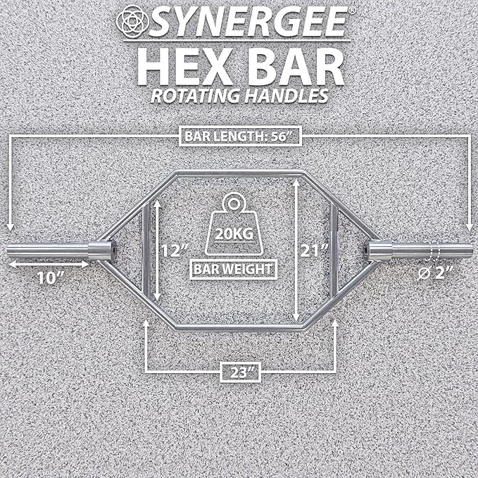 Synergee 20kg and 25kg Chrome or Black Olympic Hex Barbell Trap Bar with Rotating, Flat or Raised Handles for Squats, Deadlifts, Shrugs.