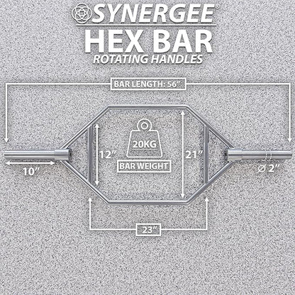 Synergee 20kg and 25kg Chrome or Black Olympic Hex Barbell Trap Bar with Rotating, Flat or Raised Handles for Squats, Deadlifts, Shrugs.