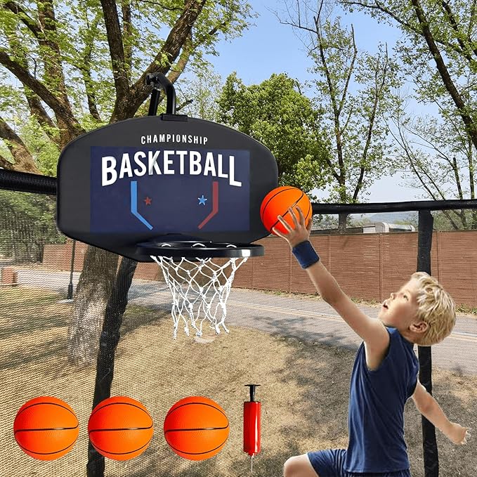 Trampoline Basketball Hoop Attachment, with 3 Mini Balls and Air Pump, Fits All Trampoline Models, Universal Accessories of All Ages, Height and Angle Adjustable