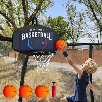 Trampoline Basketball Hoop Attachment, with 3 Mini Balls and Air Pump, Fits All Trampoline Models, Universal Accessories of All Ages, Height and Angle Adjustable