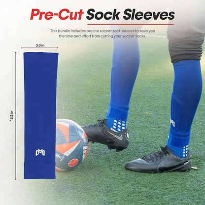 Soccer Grip Socks, Shin Guards, Pre Cut Sock Sleeves, and Guard Straps Bundle Pack - Essential Equipment for Soccer Players - for Mens, Women, Youth, Size 7 to 12 US Men Shoe Size