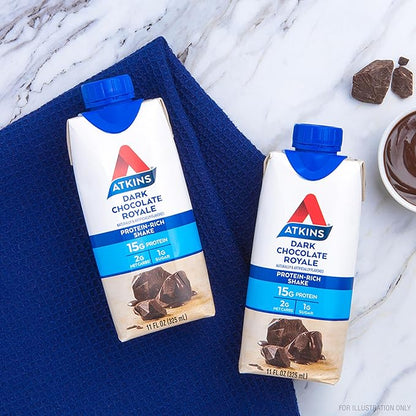 Atkins Dark Chocolate Royale Protein Shake, High Protein Shakes, Low Glycemic, Low Carb and Low Sugar Chocolate Flavored Protein Shakes, Keto Friendly, 12 Count