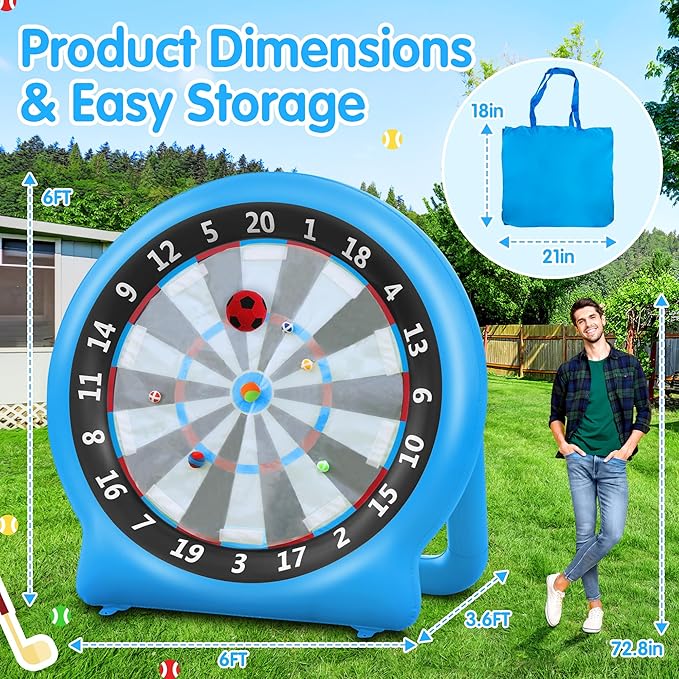 6FT Inflatable Dartboard, Giant Kick Darts Soccer Darts Golf & Throw Dart with Air Pump, Giant Outdoor Games, Blow up Soccer Dart for Yard Party Large Dartboard for Kids & Adults 20+Games