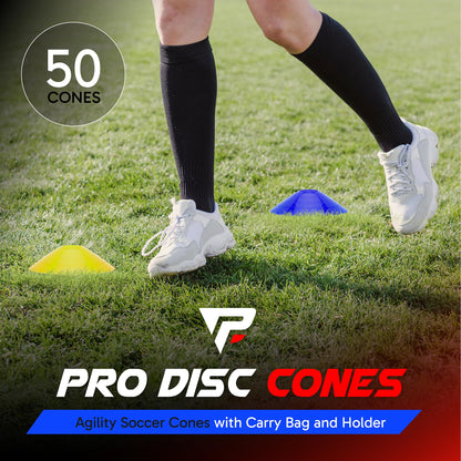 Pro Disc Cones (Set of 50) - Agility Soccer Cones with Carry Bag and Holder for Sports Training