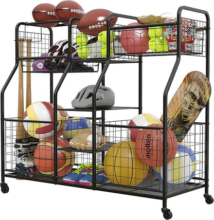 Garage Sports Equipment Organizer - Ball Storage Rack with Elastic Rope or Wire Mesh,Garage Organizer System with Wheels,Indoor/Outdoor Sports Rack for Sports Gear and Toys Storage,Black
