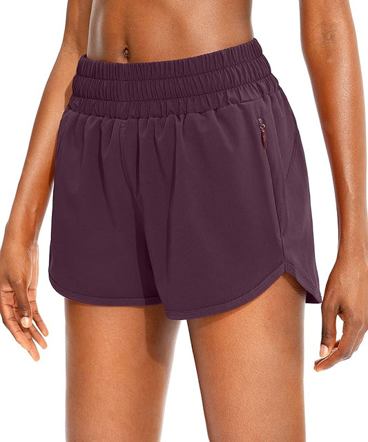 SANTINY Women's Running Shorts with Zip Pockets High Waisted Athletic Workout Gym Shorts for Women