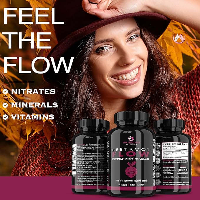 THE ENCLARE NUTRITION Beet Root Powder Capsules, Beetroot 1300mg. Nitric Oxide Supplements for Men, Supports Gut Health for Women, Energy, Brain, Athletic Performance, Heart Health Non GMO 180ct (3)