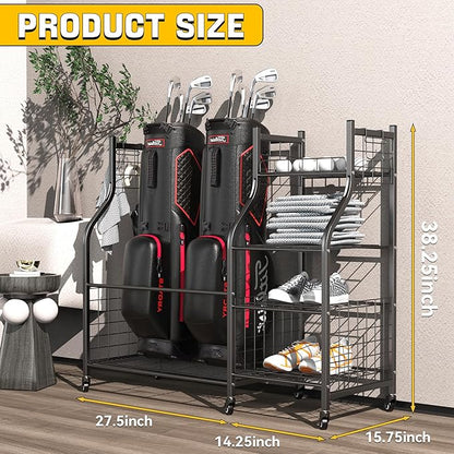 Ultrawall Golf Storage Organizer, Golf Bag Storage Stand for Garage, Golf Equipment Rack with Wheels Fits 2 Golf Bags and Golf Equipment Accessories