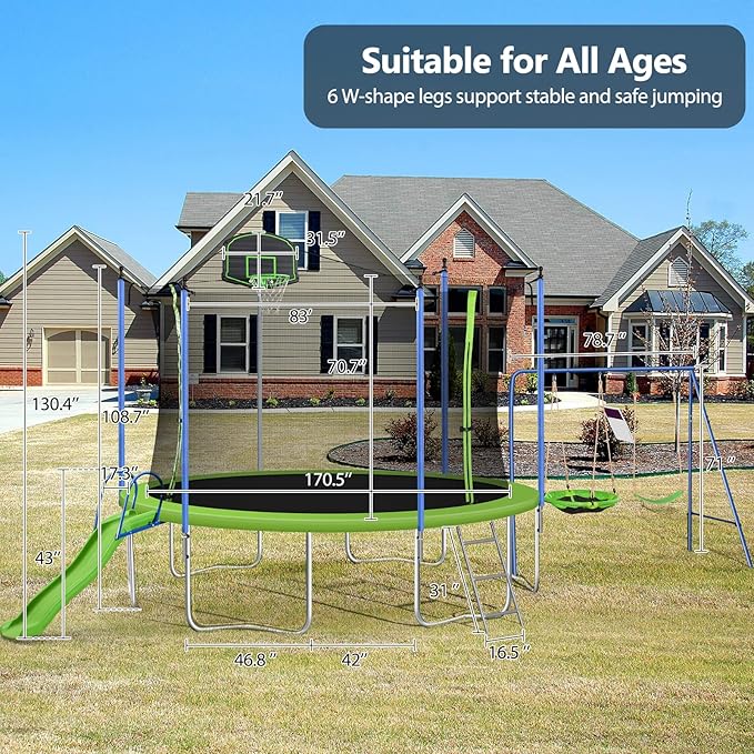 12FT 14FT Trampoline with Slide and Swings, ASTM Approved Outdoor Trampoline with Basketball Hoop and Ladder, Capacity for 5-7 Kids and Adults