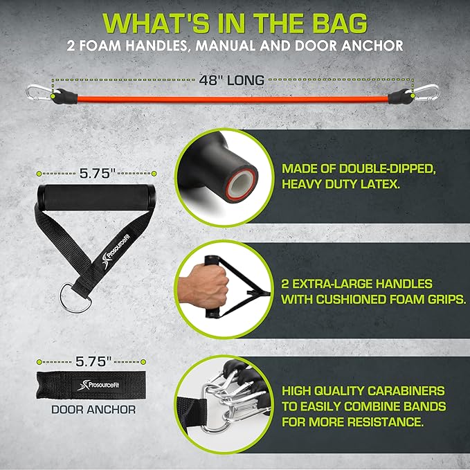 ProsourceFit Single Stackable Resistance Bands with Door Anchor and Exercise Guide, 5-8 LB, Heavy Duty Fitness Tube for Full-Body Exercises and Home Workouts, Green