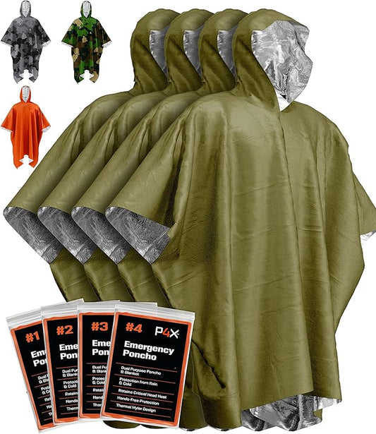 PREPARED4X Emergency Poncho and Mylar Blanket Liner - Waterproof, Wind-Resistant Outdoor Rain