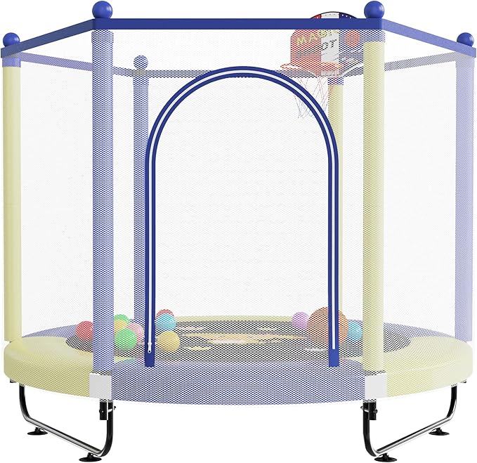 60" Trampoline for Kids, 5 FT Indoor & Outdoor Toddler Baby Trampoline with Basketball Hoop, Safety Enclosure, Birthday Gifts for Kids, Gifts for Boy and Girl, Age 3-8