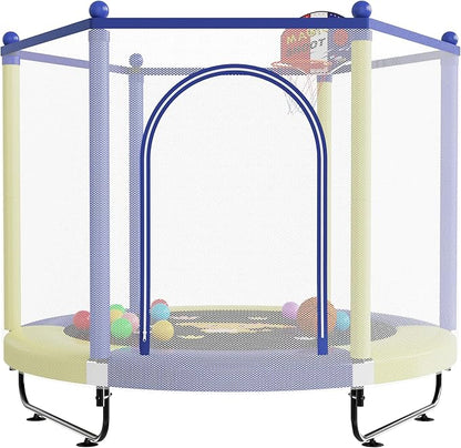 60" Trampoline for Kids, 5 FT Indoor & Outdoor Toddler Baby Trampoline with Basketball Hoop, Safety Enclosure, Birthday Gifts for Kids, Gifts for Boy and Girl, Age 3-8