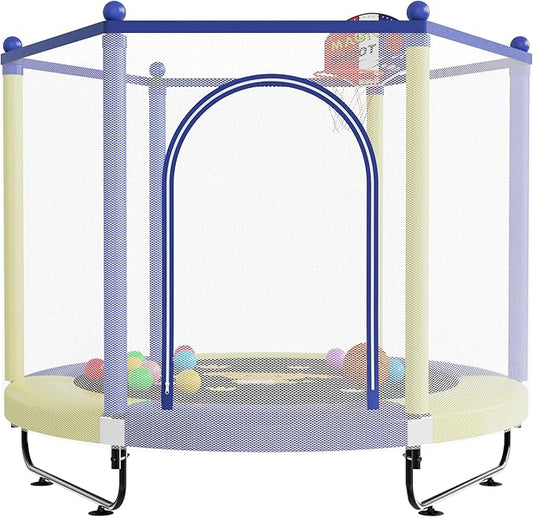 60" Trampoline for Kids, 5 FT Indoor & Outdoor Toddler Baby Trampoline with Basketball Hoop, Safety Enclosure, Birthday Gifts for Kids, Gifts for Boy and Girl, Age 3-8
