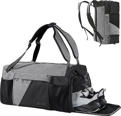 Gym Bag for Men with Shoes Compartment and Wet Pocket Convertible Duffle Bag and Gym Backpack Waterproof Sports Bag with 2 Bottle Holders Weekender Overnight Bag - Black&Grey