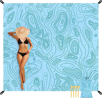 Blue Beach Blanket, 9 Ft X 10 Ft Extra Large Sandproof Beach Mat for 2-8 Adults, Foldable Waterproof Sand Free Outdoor Picnic Blanket with 4 Stakes & Corner Pockets for Camping, Hiking, Festival