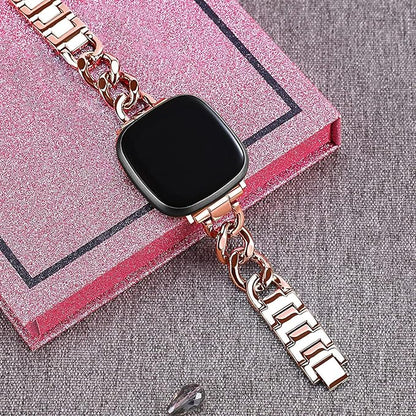 Cool Women Chain Metal Smartwatch Bands Compatible for Fitbit Sense/Fitbit Versa 3 Bands for Dressy Women, Metal Wristband Strap for Fitbit Sense 2/Versa 4 (Rose Gold)