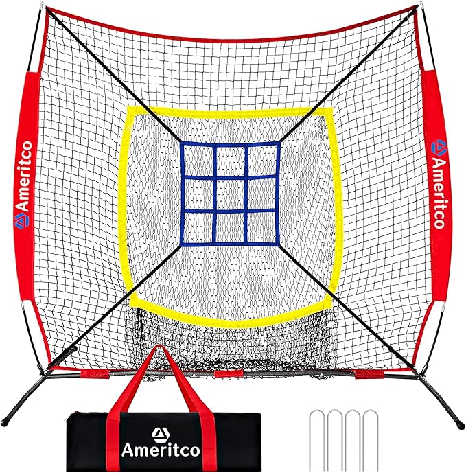 7x7ft Baseball Net with Strike Zone, Large Pocket Baseball Training Net for Hitting/Batting/Pitching/Throwing,Scratch Resistant Base,Indoor/Outdoor Versatile Use for All Levels
