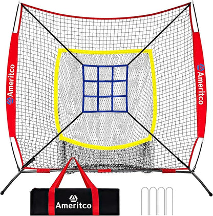 7x7ft Baseball Net with Strike Zone, Large Pocket Baseball Training Net for Hitting/Batting/Pitching/Throwing,Scratch Resistant Base,Indoor/Outdoor Versatile Use for All Levels