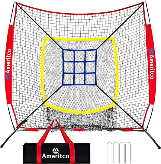 7x7ft Baseball Net with Strike Zone, Large Pocket Baseball Training Net for Hitting/Batting/Pitching/Throwing,Scratch Resistant Base,Indoor/Outdoor Versatile Use for All Levels