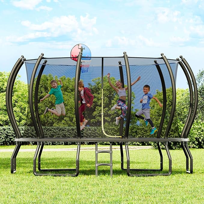 8FT 10FT 12FT 14FT 16FT Trampoline with Pop-up Quick Connector and Basketball Hoop, Trampoline Outdoor with Enclosure, Ladder, ASTM Approval for Kids and Adults