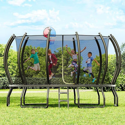 8FT 10FT 12FT 14FT 16FT Trampoline with Pop-up Quick Connector and Basketball Hoop, Trampoline Outdoor with Enclosure, Ladder, ASTM Approval for Kids and Adults