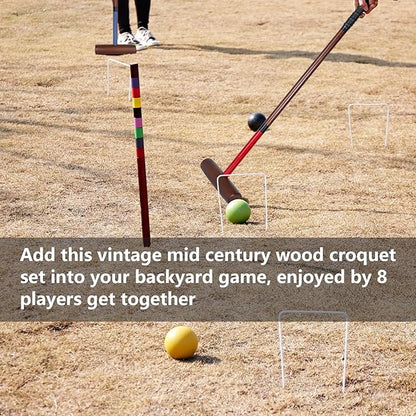 Croquet Set for Adults - 8 Players Croquette Kit with 32In Regulation, 35In Deluxe Size Rubber Wood Mallets, Colored PE Ball, Wickets, 24In End Stakes, Lawn Backyard Game for Families
