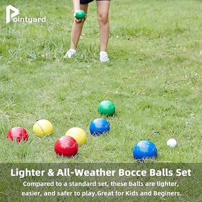 Pointyard 100mm Bocce Ball Set, Regulation Bocci Ball Set with 8 PE Bocce Balls/1 Pallino/Carrying Bag/Measuring Tape - Outdoor Family Bocce Game for Backyard/Lawn/Beach (Red,Blue,Green,Yellow)