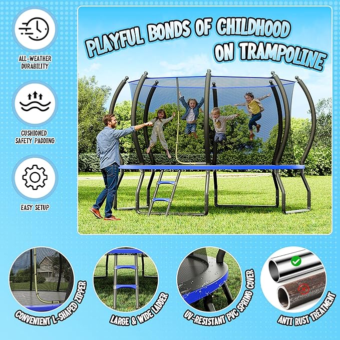 8FT 10FT 12FT 14FT 16FT Trampoline with Pop-up Quick Connector and Basketball Hoop, Trampoline Outdoor with Enclosure, Ladder, ASTM Approval for Kids and Adults