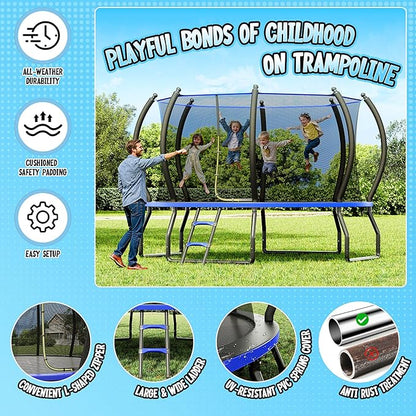 8FT 10FT 12FT 14FT 16FT Trampoline with Pop-up Quick Connector and Basketball Hoop, Trampoline Outdoor with Enclosure, Ladder, ASTM Approval for Kids and Adults