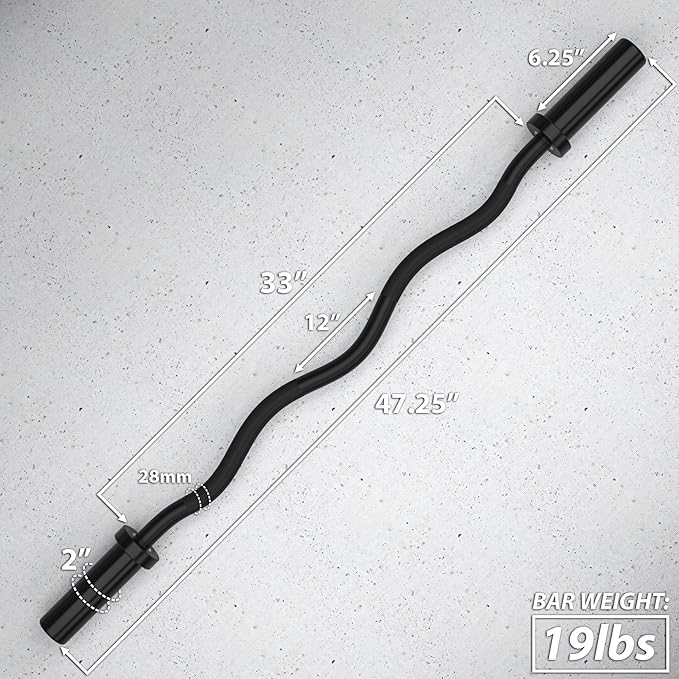 Synergee Commercial EZ Curl Olympic Bar Chrome & Black Phosphate with Powder Coated Brass Bushings Excellent for Bicep Curls and Triceps Extensions