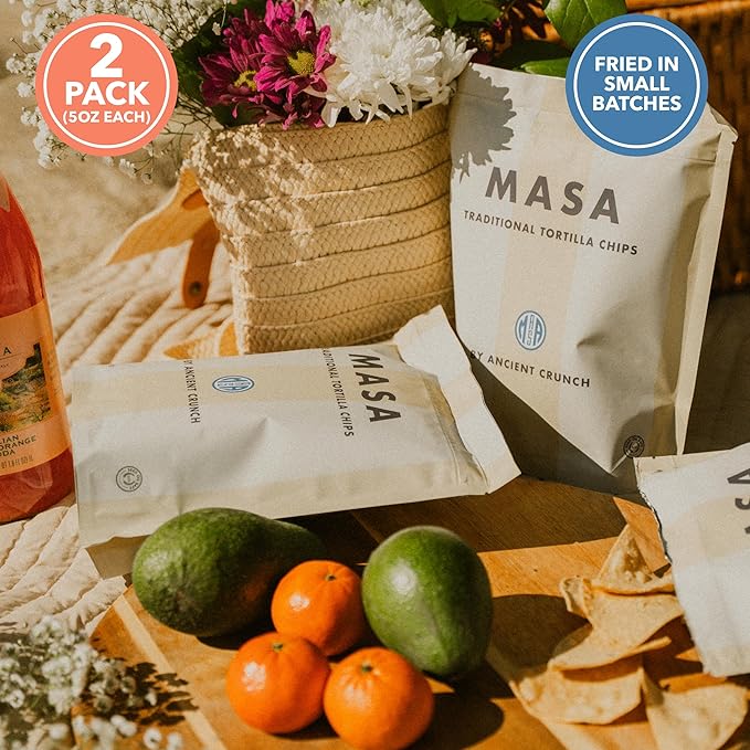 MASA Tortilla Chips Snack Pack - Seed Oil Free Snacks, Organic Chips Tortilla - Gluten & Dairy Free, Naturally Grown Corn Chip - Made with Grass Fed Tallow & Sea Salt (2 Pack, 5oz Each - White Corn)
