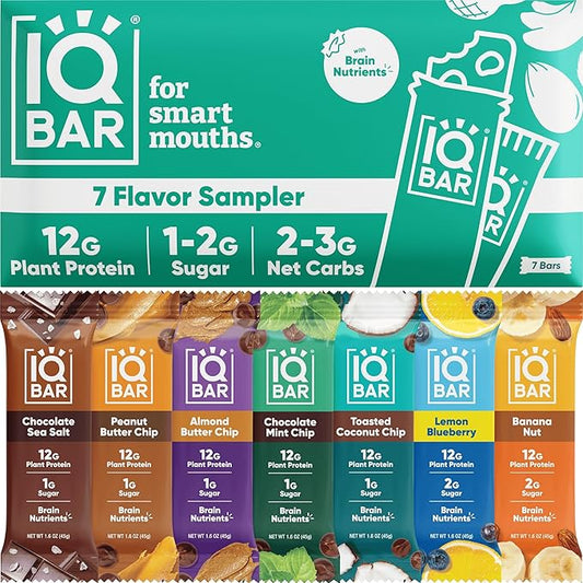 IQBAR Brain and Body Plant Protein Bars - 7 Bar Sampler Pack - Gluten Free, High Fiber, Vegan