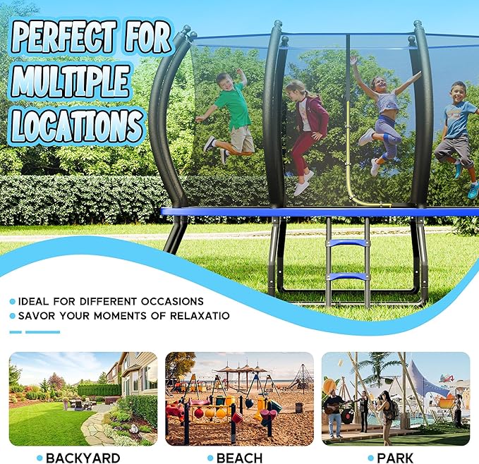 8FT 10FT 12FT 14FT 16FT Trampoline with Pop-up Quick Connector and Basketball Hoop, Trampoline Outdoor with Enclosure, Ladder, ASTM Approval for Kids and Adults