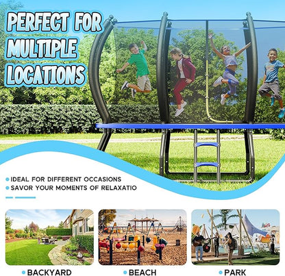 8FT 10FT 12FT 14FT 16FT Trampoline with Pop-up Quick Connector and Basketball Hoop, Trampoline Outdoor with Enclosure, Ladder, ASTM Approval for Kids and Adults
