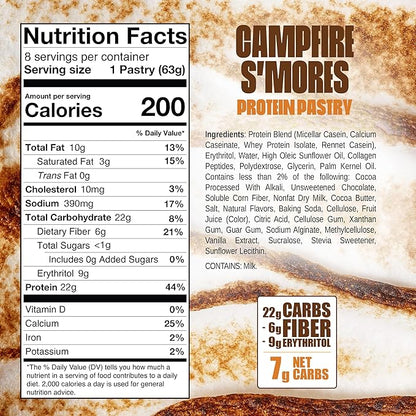 Legendary Foods 22g Protein Pastry+ S'mores Low Carb Meal Replacement Bar - Low Glycemic, Gluten Free Protien Snacks - Healthy Keto Snack Box, 8x Zero Sugar Energy Bars - Bariatric Diabetic Friendly