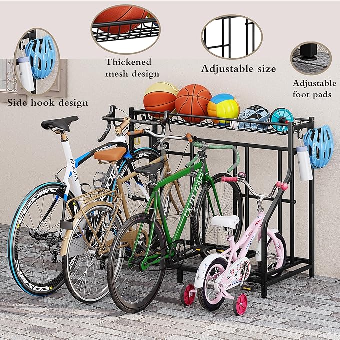 Bike Rack Storage Stand Organizer Floor Holds 4 Bicycle Parking Freestanding Adjustable Garage Indoor Outdoor Bike and Sports Storage Station, Black (4 Bike Stand)
