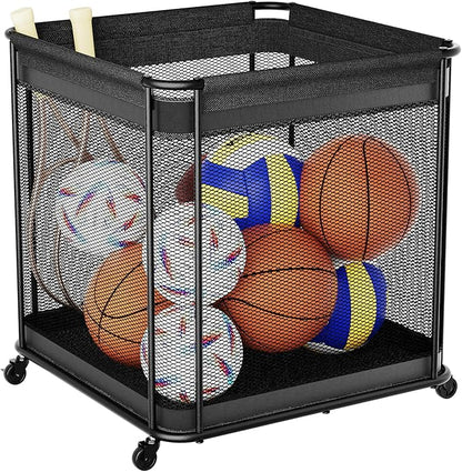 VOPEAK Oversized Rolling Ball Storage Cart with Lockable Wheels, Ball Storage Organizer with Mesh Basket, Sports Ball Rack for Indoor Outdoor, Metal Sports Equipment Organizer for Garage Gym School