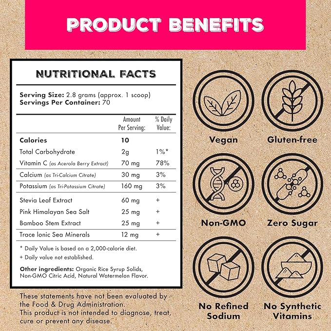 Superieur Electrolytes ??Plant Based Electrolyte Supplement w/Sea Minerals for Hydration & Recovery ??Keto Friendly, Non-GMO, Zero Sugar, Vegan Healthy Sports Drink Powder ??Watermelon (70 Servings)
