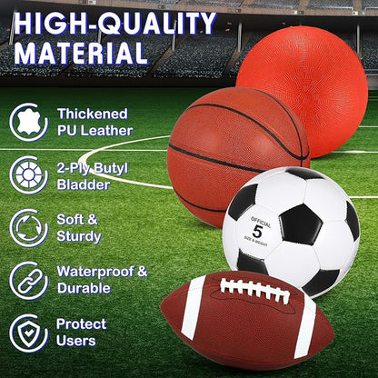 Deekin 8 Pcs Sports Balls Set for Adult Assorted Football Basketball Soccer Playground Balls Official Size with Bags Pumps Outdoor Sports Equipment Athletic Gift