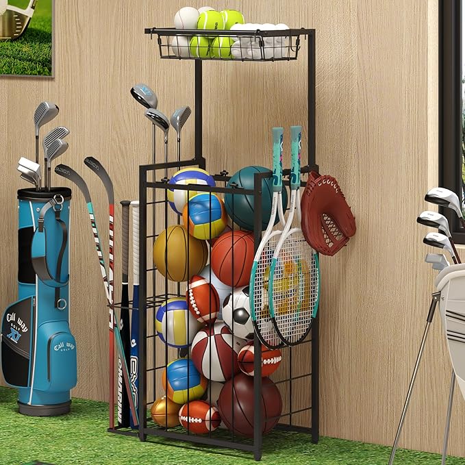 Sports Equipment Organizer, Small Garage Ball Storage Rack with Elastic Straps and 3 Hooks, Garage Organization Storage Rack for Balls and Sports Equipment, Toy Organizer Stand for Room, Gym, Black