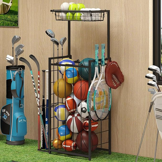 Sports Equipment Organizer, Small Garage Ball Storage Rack with Elastic Straps and 3 Hooks, Garage Organization Storage Rack for Balls and Sports Equipment, Toy Organizer Stand for Room, Gym, Black