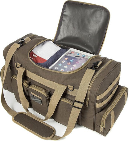 Tactical Range Duffel Heavy Duty Military Molle Gear Travel Sports Gym Bag Lockable Zippers with US Flag Patch (27 In Khaki)