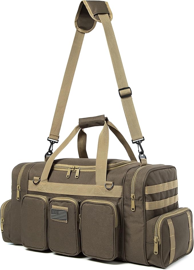 Tactical Range Duffel Heavy Duty Military Molle Gear Travel Sports Gym Bag Lockable Zippers with US Flag Patch (27 In Khaki)